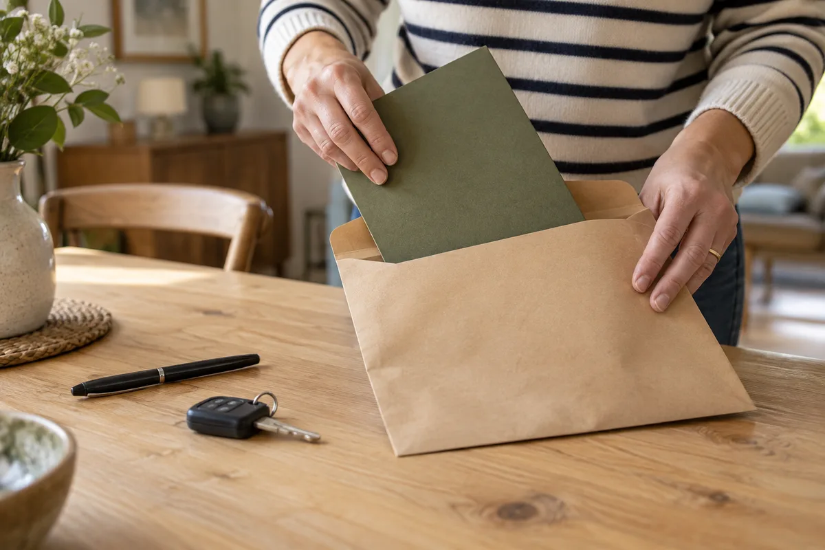 Mains glissant une pochette cartonnée fermée dans une grande enveloppe kraft vierge sur une table en bois clair