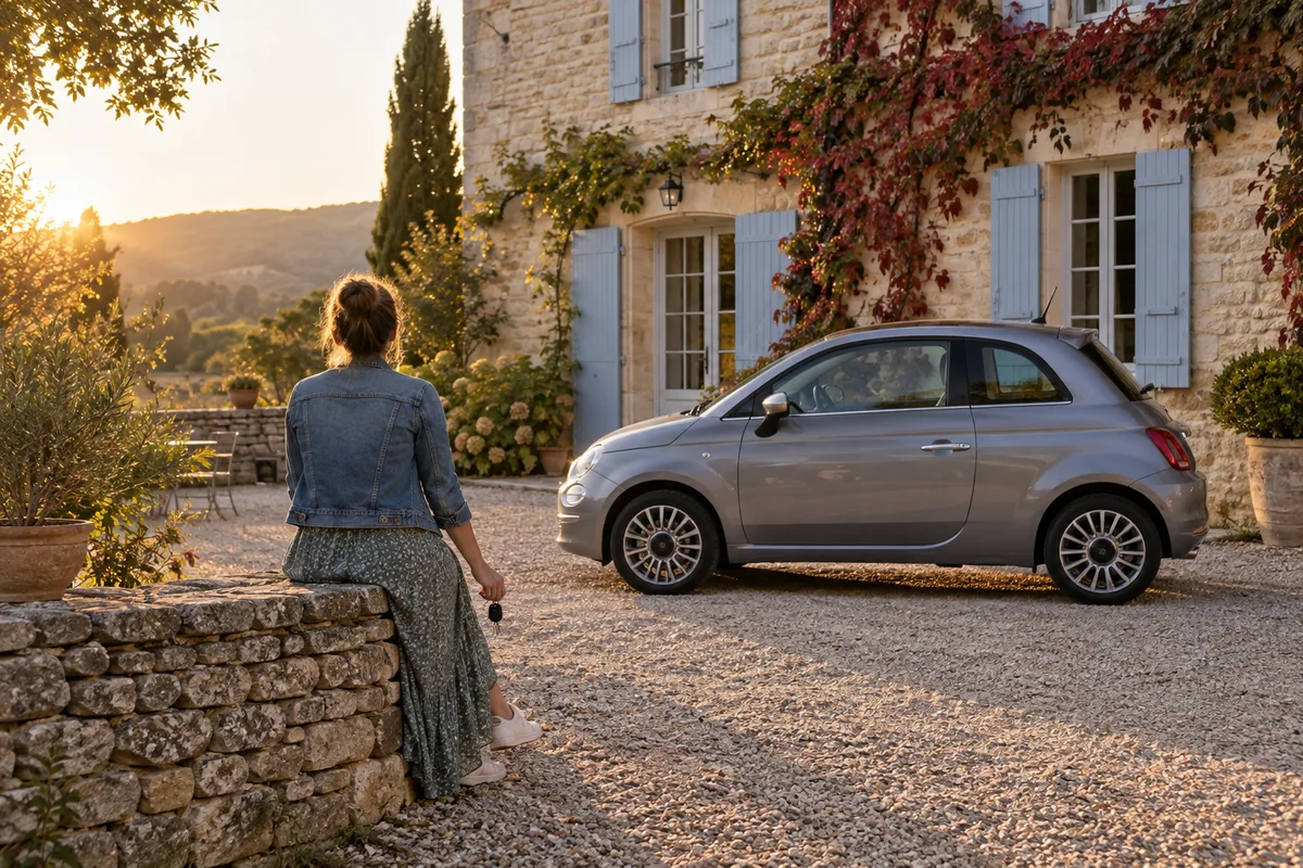 Conductrice vue de dos assise sur un muret de pierre près de sa voiture garée de profil dans une cour, une clé à la main