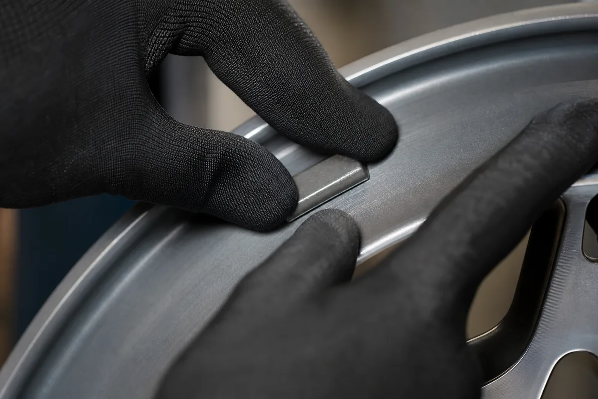Roue de voiture fixée sur une équilibreuse d atelier, jante en aluminium