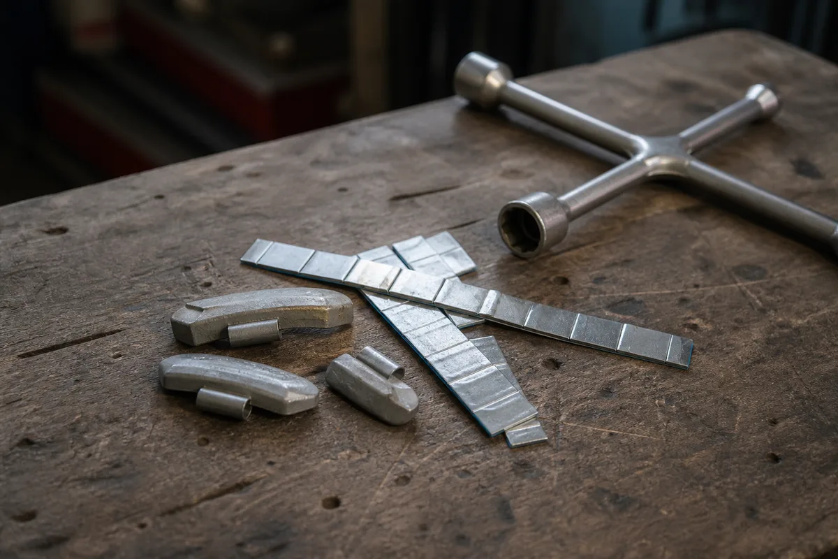 Masselottes d équilibrage neuves posées sur un établi d atelier automobile