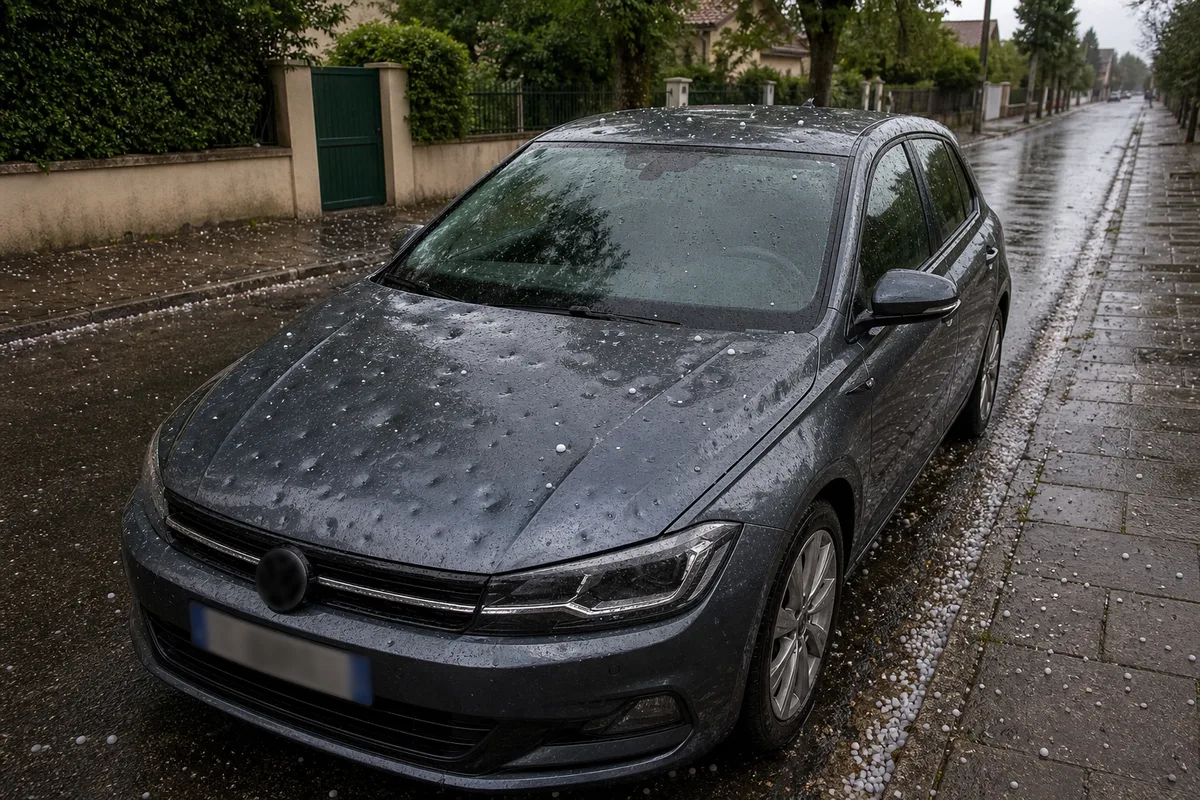 Voiture grêlée stationnée dans une rue résidentielle française après un orage, carrosserie cabossée et chaussée mouillée