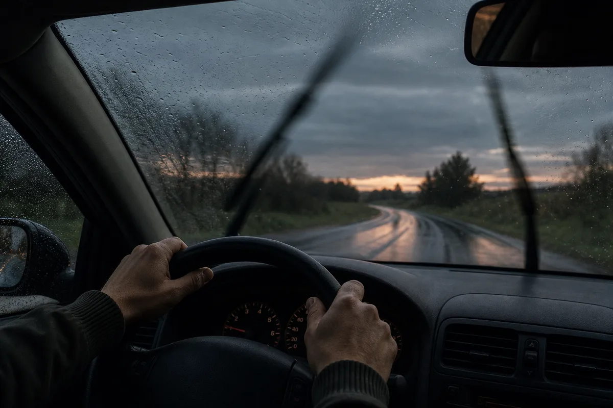 Mains d’un conducteur sur le volant d’une voiture roulant sur une route française sous la pluie au crépuscule