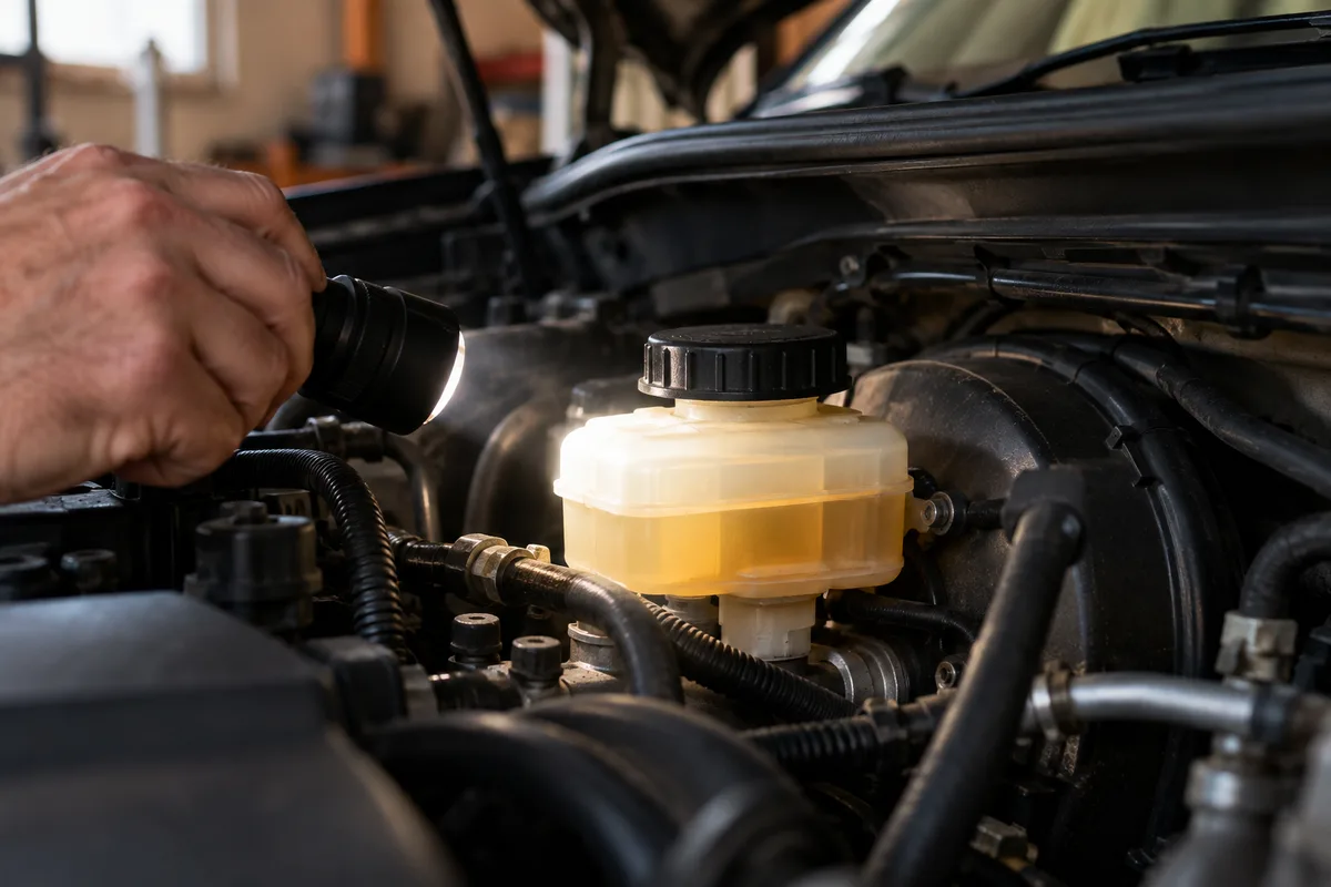 Réservoir translucide de liquide de frein ambré éclairé par une lampe torche sous un capot ouvert