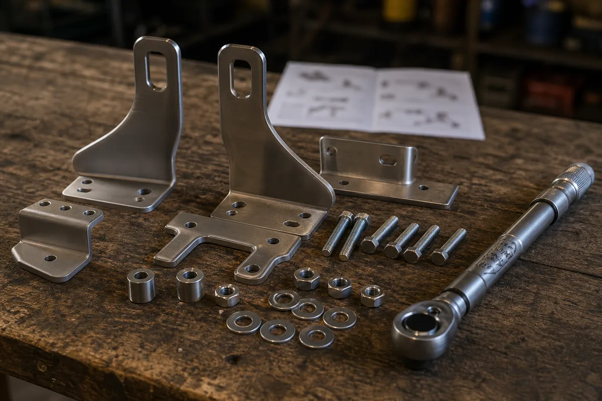 Kit de fixation et visserie d&rsquo;un pare-buffle posés sur un établi d&rsquo;atelier