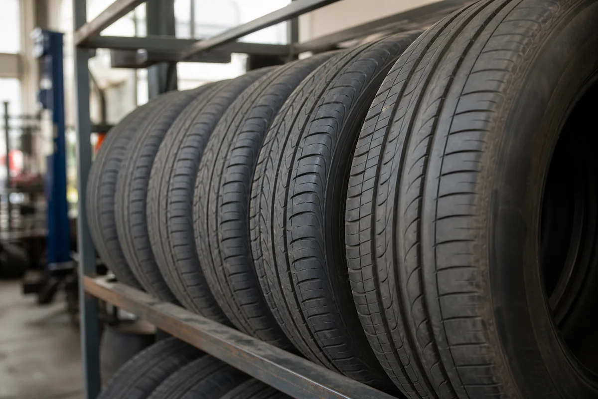 Rangée de pneus de seconde main stockés verticalement sur un rack d&rsquo;atelier automobile