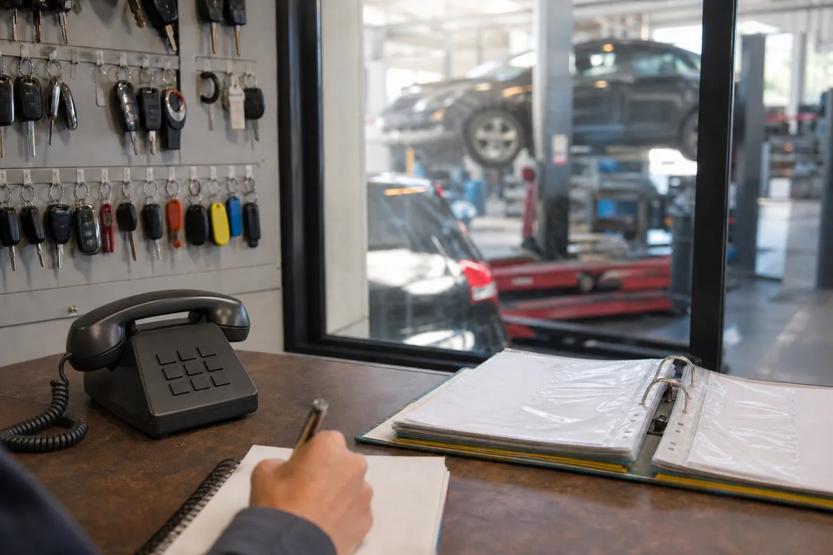 Comptoir d&rsquo;accueil d&rsquo;un garage automobile avec téléphone et classeur de plannings