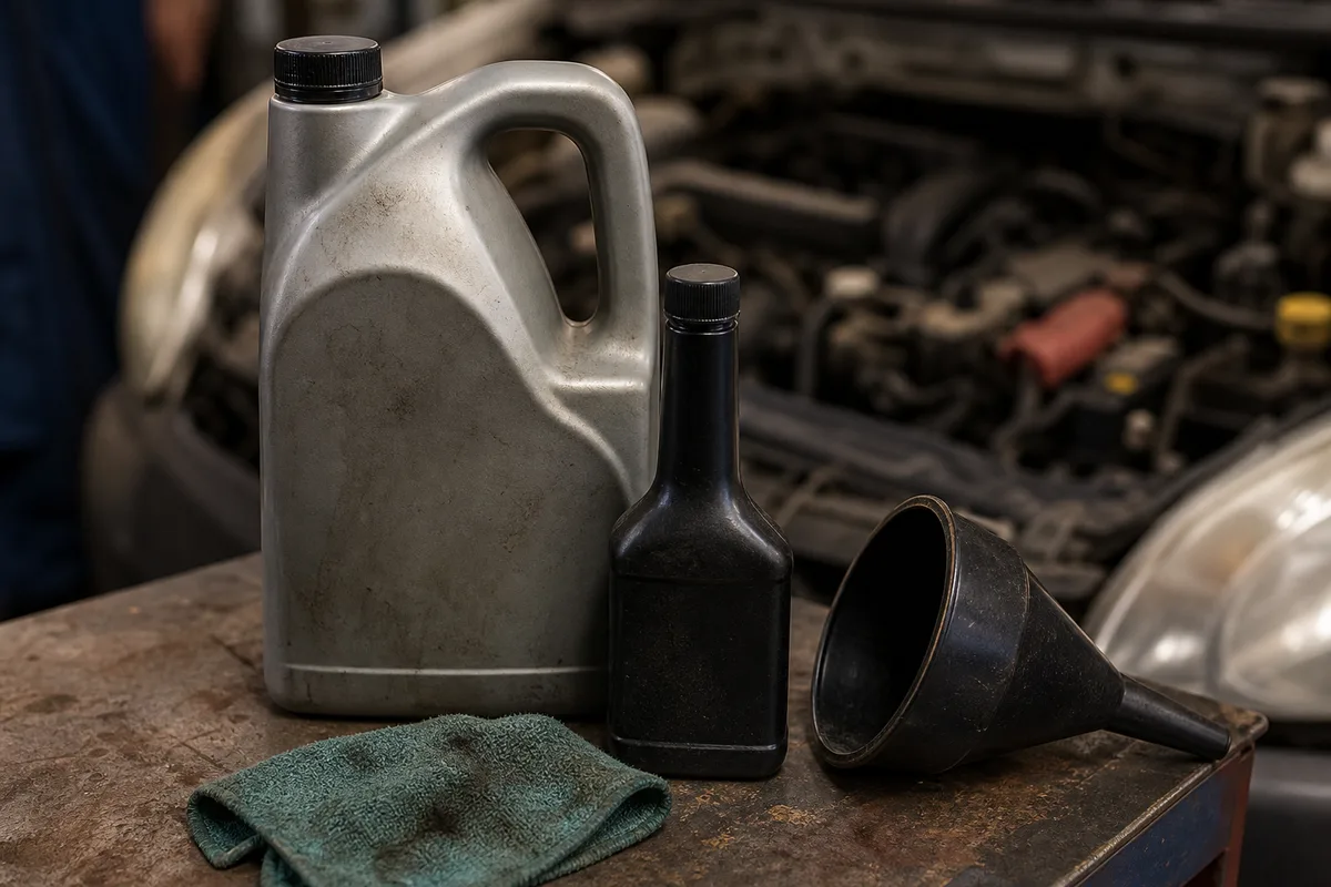 Bidon d&rsquo;huile moteur et additif carburant posés près d&rsquo;un moteur diesel ouvert en atelier