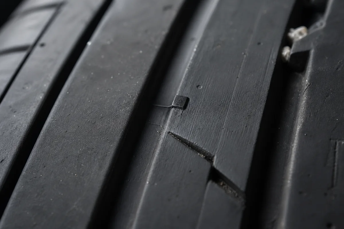 Macro sur les rainures et le témoin d’usure d’un pneu de voiture