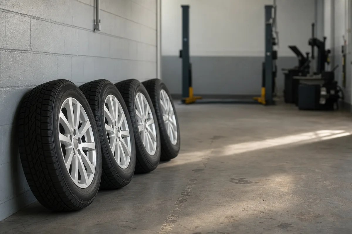 Roues neuves alignées au sol devant un pont élévateur dans un garage