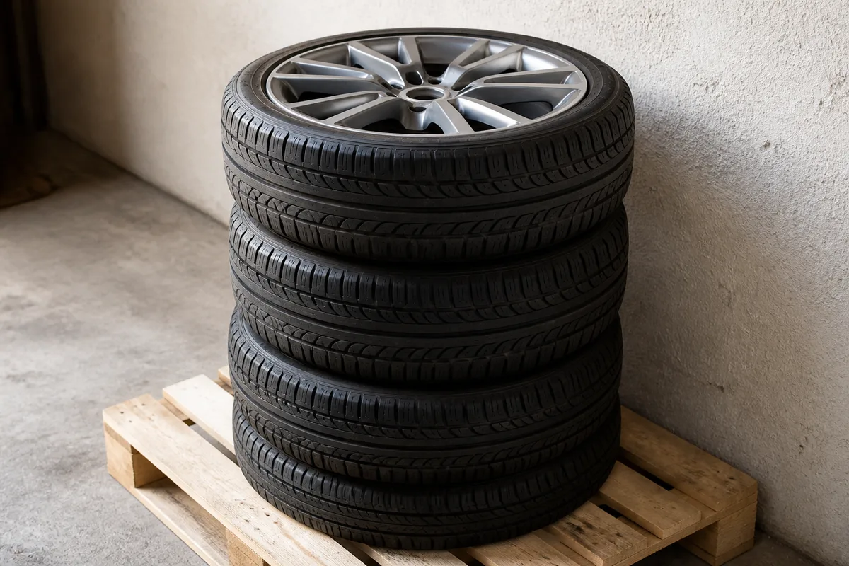 Roues complètes empilées à plat sur une palette bois le long d&rsquo;un mur clair