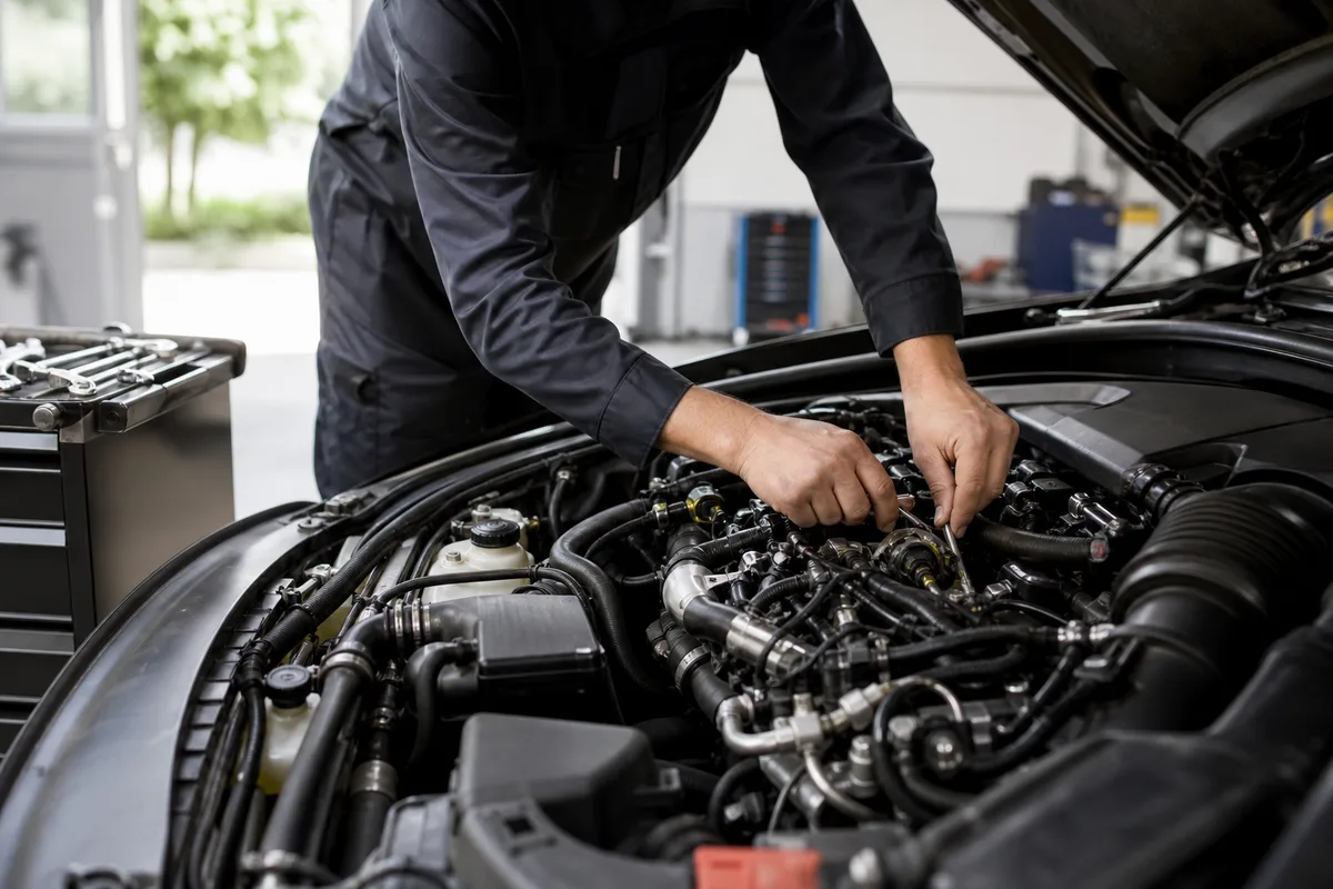 Mécanicien contrôlant le compartiment moteur d’une voiture avant un essai routier en atelier